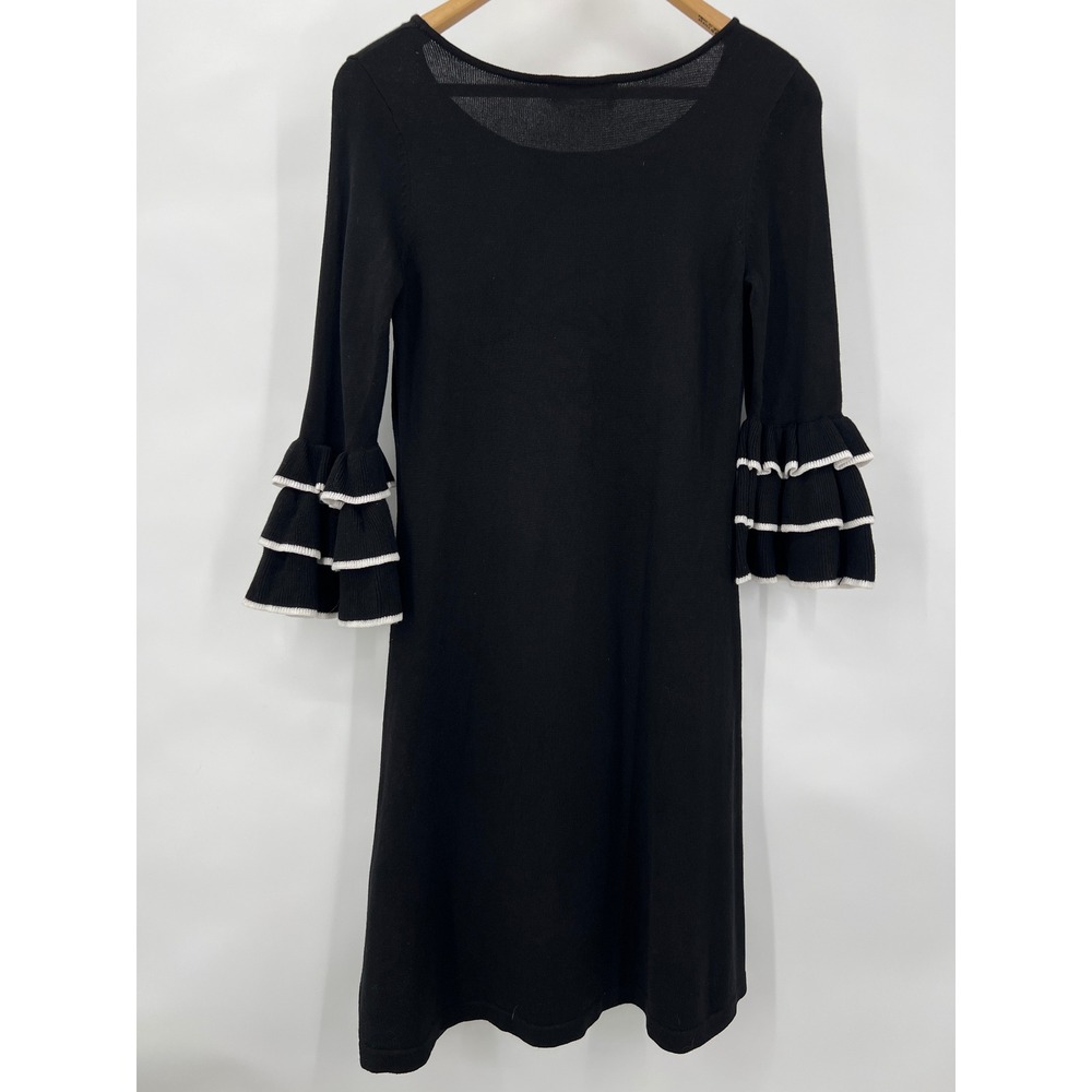 Danny and Nicole Black Knit Tiered Ruffle Bell Sleeve Dress White Trim Small‎ - Picture 2 of 7